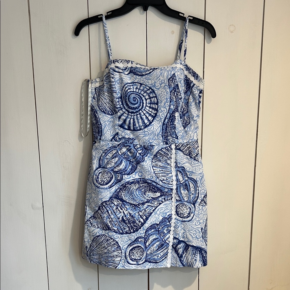 Lilly Pulitzer Blue and White Shell-Print Spaghetti Strap Dress